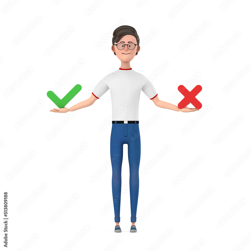 Aufkleber cartoon character person man with red cross and green check mark, confirm or deny, yes or no icon si