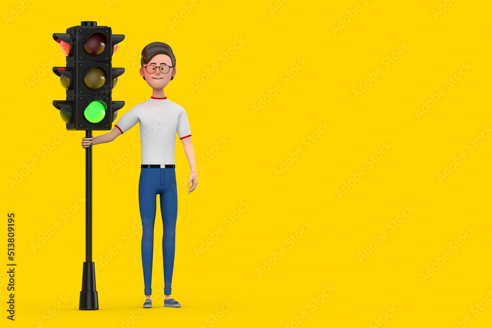 Poster cartoon character person man with traffic green light. 3d rendering