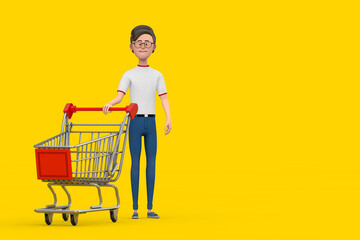 Cartoon Character Person Man with Shopping Cart Trolley. 3d Rendering