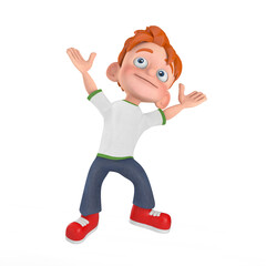 Cartoon Little Boy Teen Person Character Mascot in Jump Up Pose. 3d Rendering