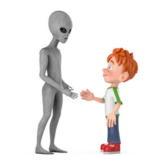 First Contact Concept. Scary Gray Humanoid Alien Friendship with Cartoon Little Boy Teen Person Character Mascot. 3d Rendering