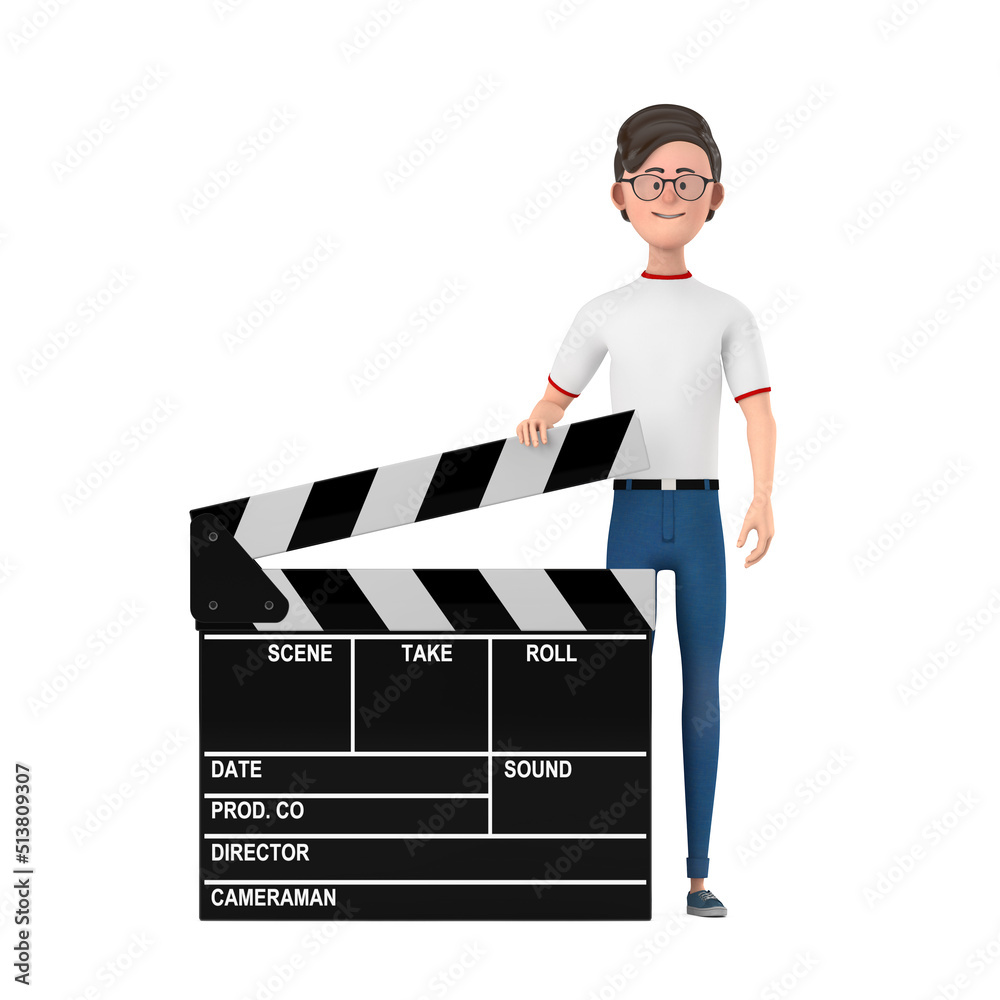 Poster Cartoon Character Person Man with Movie Clapper Board. 3d Rendering