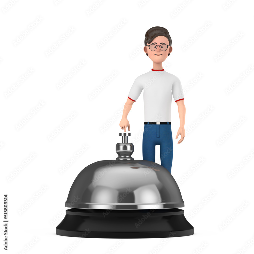 Poster cartoon character person man with hotel service bell call. 3d rendering
