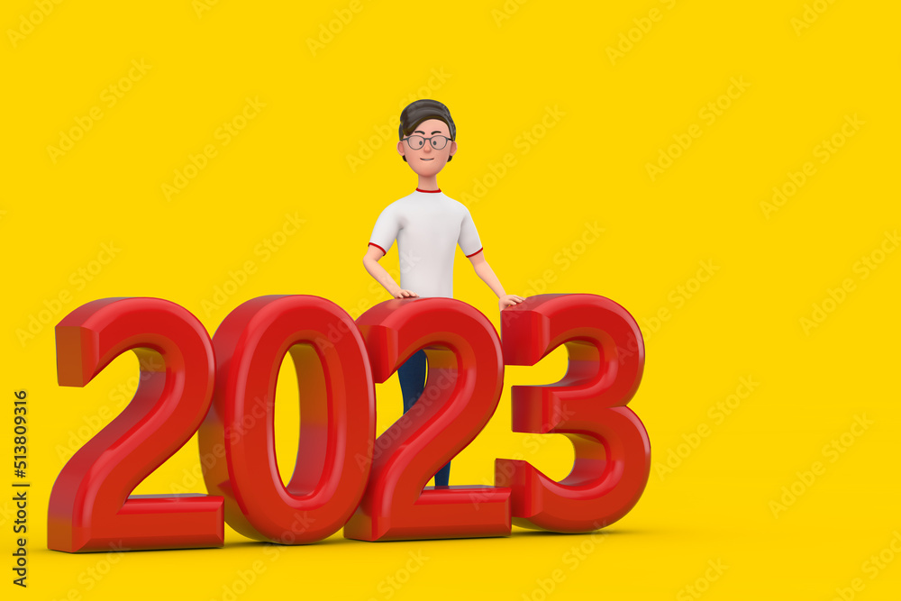 Aufkleber cartoon character person man with red 2023 new year sign. 3d rendering