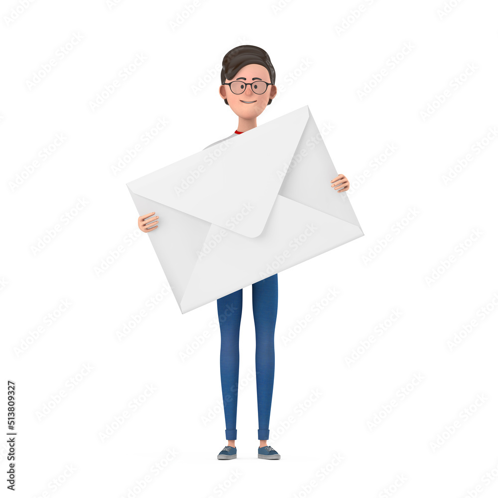 Aufkleber cartoon character person man with white blank envelope. 3d rendering
