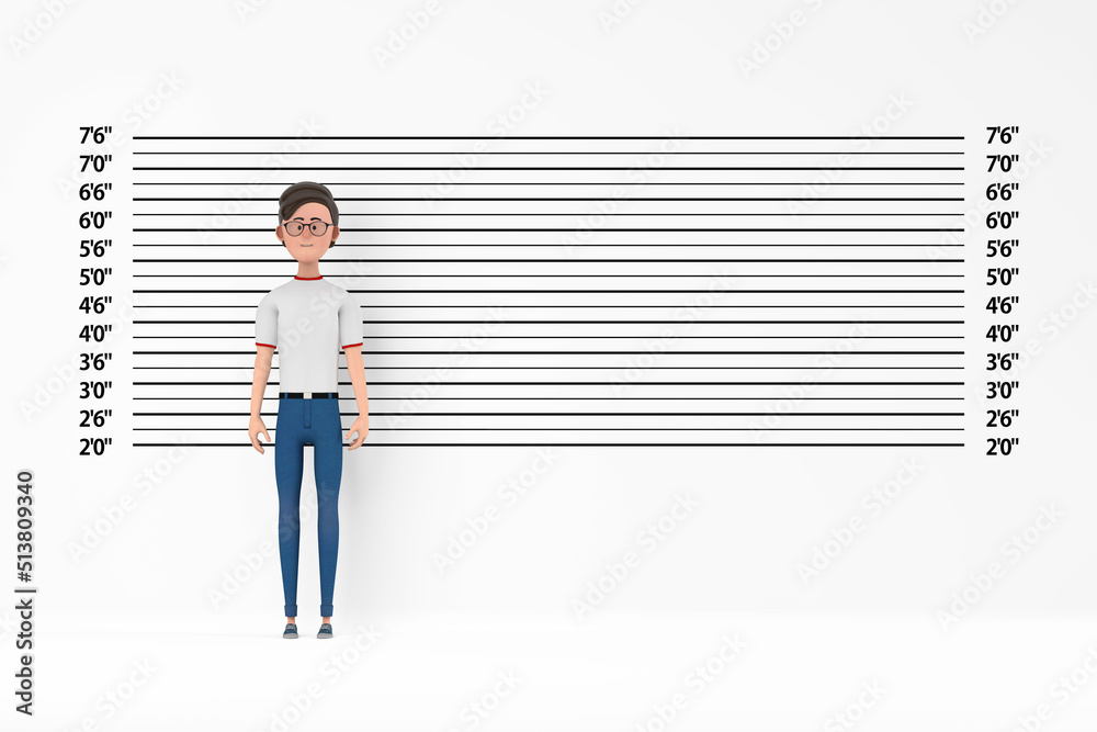 Poster cartoon character person man in front of police lineup or mugshot background. 3d rendering