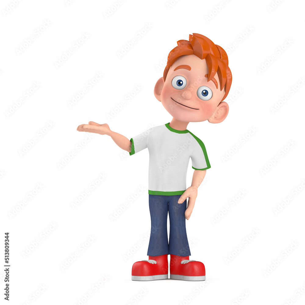 Poster Cartoon Little Boy Teen Person Character Mascot Points an Open Palm at an Empty Place for Your Design. 3d Rendering