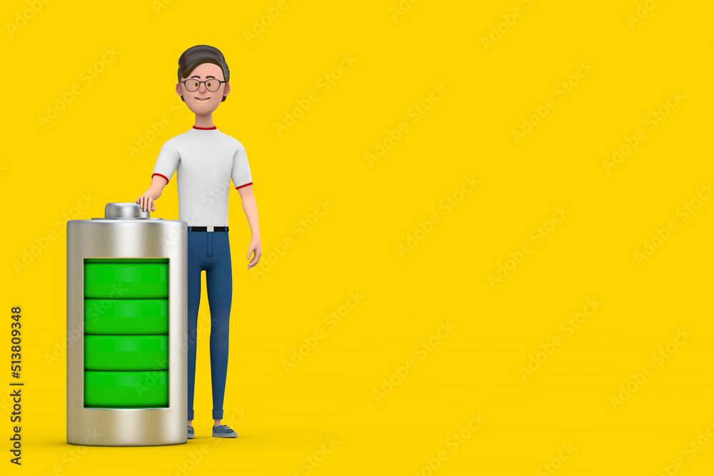 Aufkleber cartoon character person man with abstract charging battery. 3d rendering
