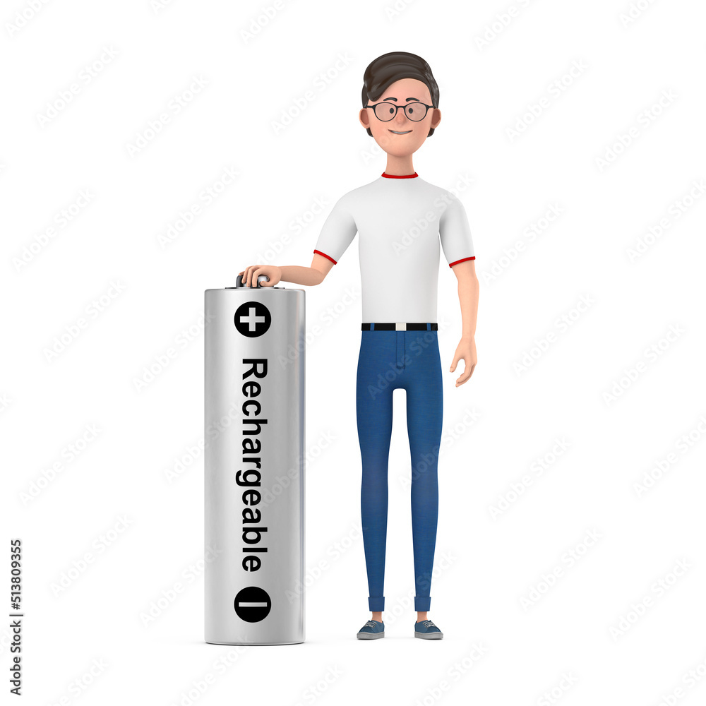Poster Cartoon Character Person Man with Rechargeable Battery. 3d Rendering
