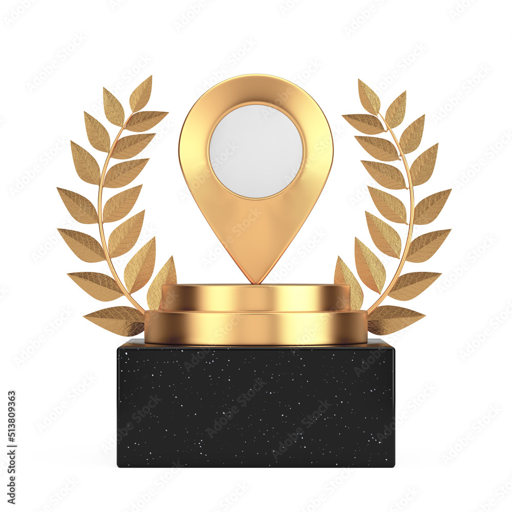 Poster Winner Award Cube Gold Laurel Wreath Podium, Stage or Pedestal with Golden Map Pointer Pin. 3d Rendering