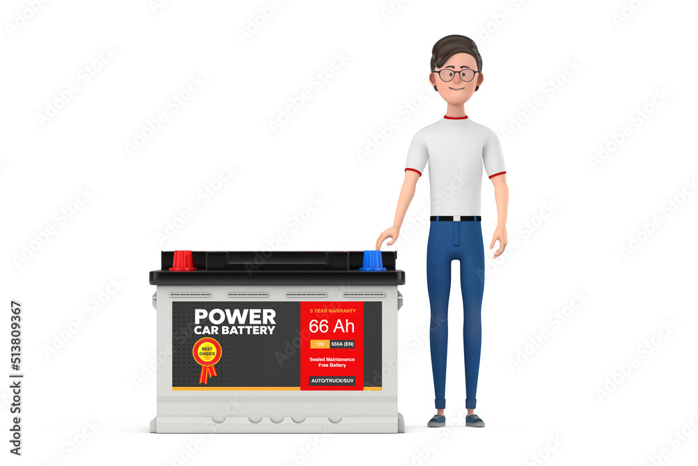 Poster Cartoon Character Person Man and Rechargeable Car Battery 12V Accumulator with Abstract Label. 3d Rendering