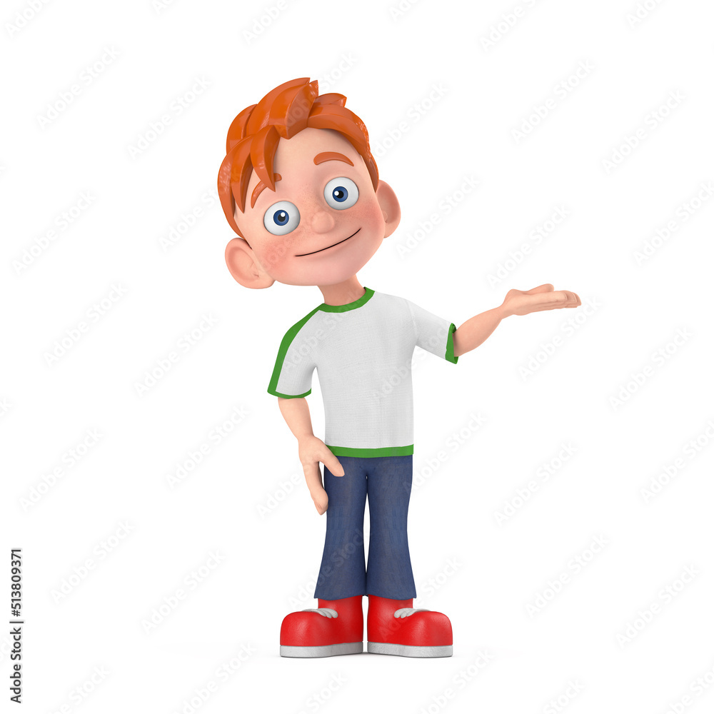 Aufkleber cartoon little boy teen person character mascot points an open palm at an empty place for your desig