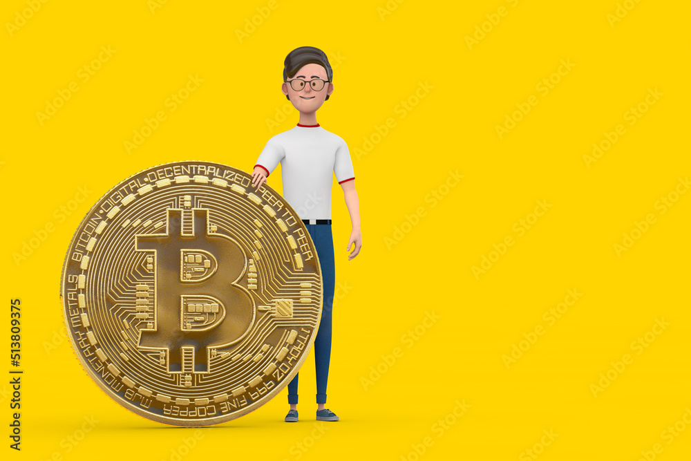 Poster cartoon character person man with digital and cryptocurrency golden bitcoin coin. 3d rendering