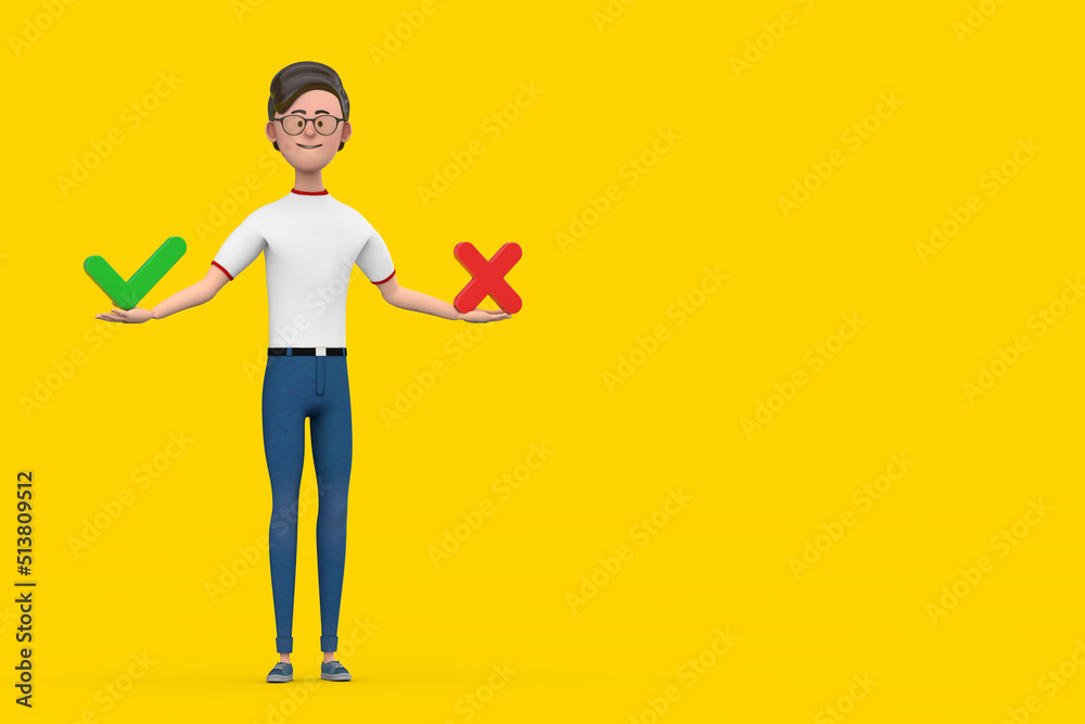 Aufkleber cartoon character person man with red cross and green check mark, confirm or deny, yes or no icon si