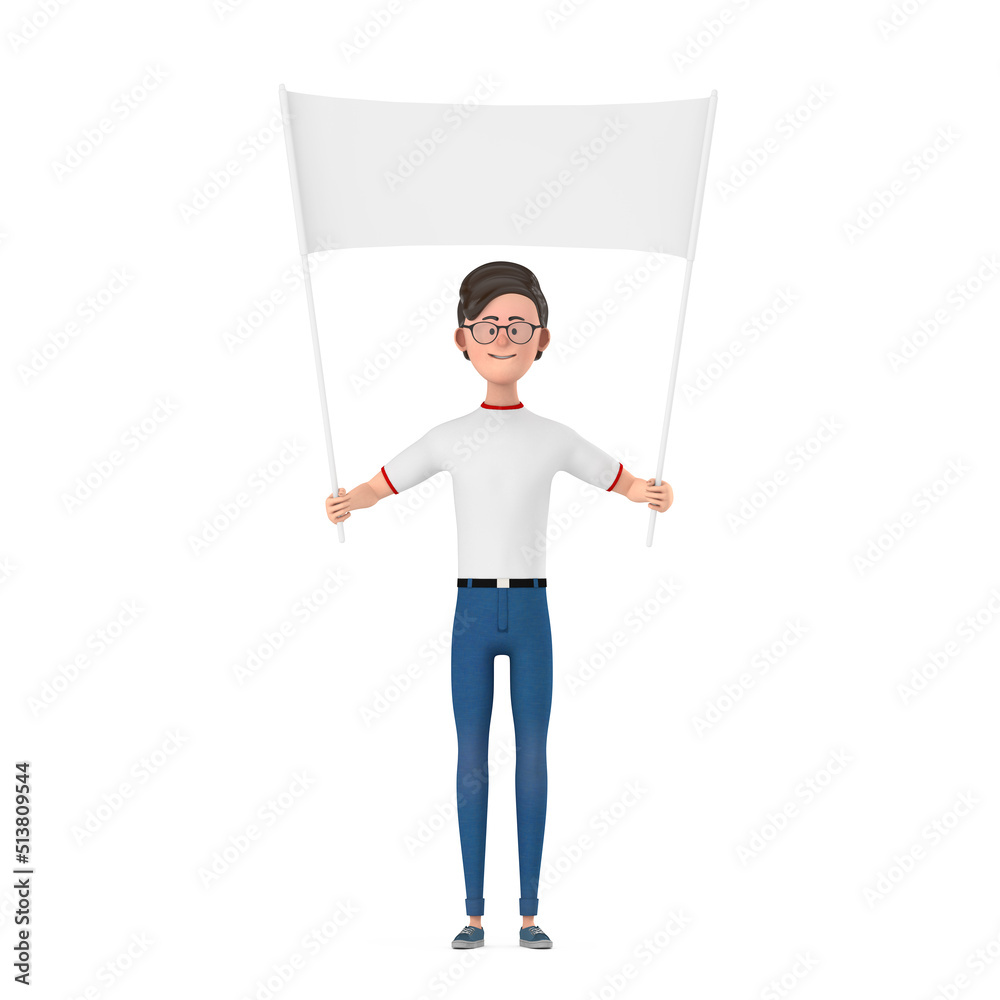 Aufkleber Cartoon Character Person Man and Empty White Blank Banner with Free Space for Your Design. 3d Rendering