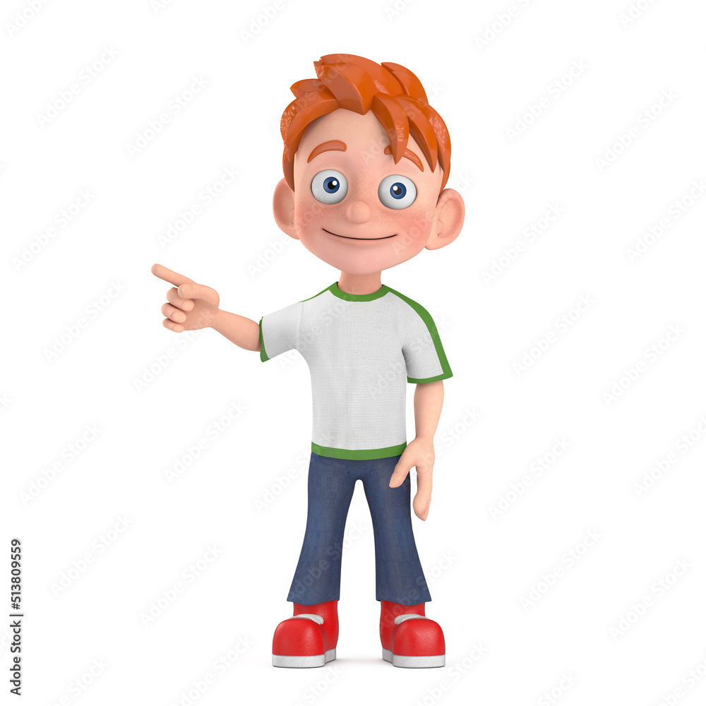 Poster cartoon little boy teen person character mascot points a finger at an empty place for your design. 3