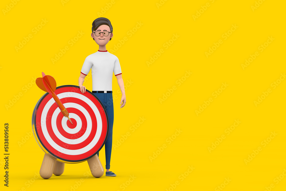 Fototapete cartoon character person man with archery target and dart in center. 3d rendering