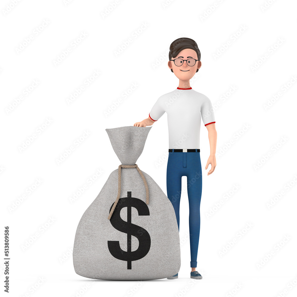 Poster cartoon character person man and tied rustic canvas linen money sack or money bag with dollar sign. 