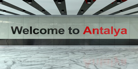 International Arrival Zone of Airport, Bus or Train Station Interior with Welcome To Antalya Sign. 3d Rendering