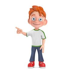 Cartoon Little Boy Teen Person Character Mascot Points a Finger at an Empty Place for Your Design. 3d Rendering