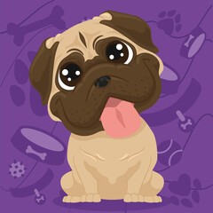 Isolated cute bulldog dog character on a pet toys background Vector