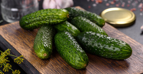 Delicious fresh cucumbers with garlic, salt, spices and herbs on a wooden cutting board