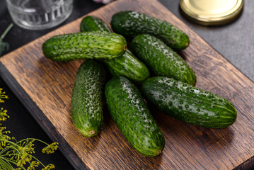 Delicious fresh cucumbers with garlic, salt, spices and herbs on a wooden cutting board