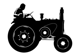 Silhouette of a vintage tractor with a driver. Vector. - 513809908