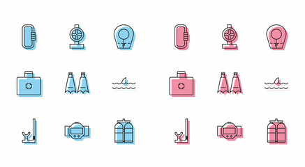 Set line Snorkel, Diving watch, Carabiner, Aqualung, Rubber flippers for swimming, Shark fin ocean wave, First aid kit and Industry metallic pipes and valve icon. Vector © Oksana