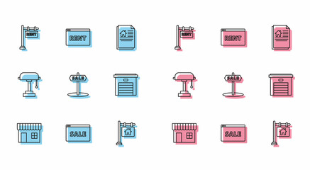 Set line Shopping building or market store, Hanging sign with text Online Sale, Rent, Garage, Table lamp and icon. Vector