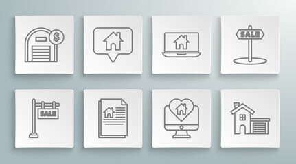 Fototapeta premium Set line Hanging sign with text Sale, Map pointer house, House contract, Monitor heart shape, Laptop and smart home, and Warehouse dollar symbol icon. Vector