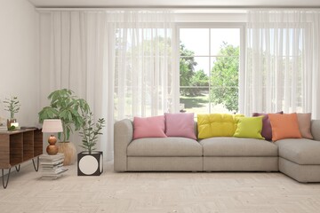 White living room with sofa and summer landscape in window. Scandinavian interior design. 3D illustration