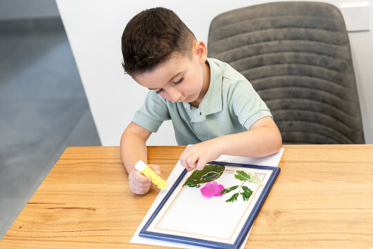 Cute little boy arranging pressed flowers onto a picture frame with glue stick.
