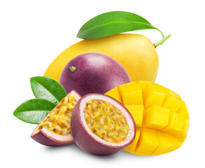 Fruit isolated. Ripe fresh passion fruit and mango fruits on a white background.