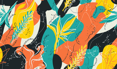 modern seamless illustration of exotic flower,  leaves, jungle. Creative collage, fashionable floral background. template for print, paper, banner. art vector pattern.