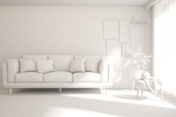 White minimalist living room with sofa. Scandinavian interior design. 3D illustration