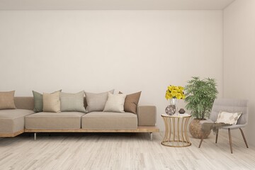 White living room with sofa. Scandinavian interior design. 3D illustration