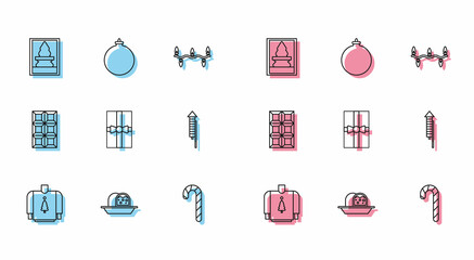 Set line Christmas sweater, Marzipan sponge cake, postcard, candy cane with stripes, Gift box, Firework rocket, Chocolate bar and ball icon. Vector