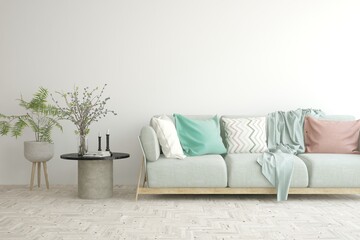 White living room with sofa. Scandinavian interior design. 3D illustration