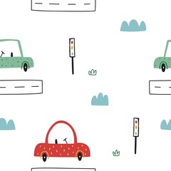 cute simple childish seamless pattern with cars and traffic lights hand drawn design for nursery