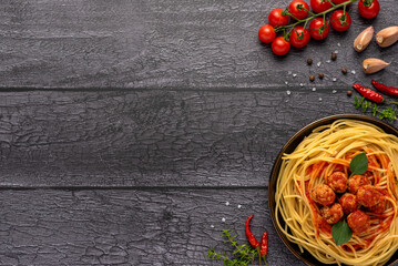 Food photography of meatball, spaghetti, pasta, flat lay, copy space