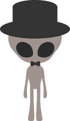 Cartoon cute funny grey alien character with standing pose, wearing fedora, top hat. Isolated on white background, flat design, vector, illustration, EPS10