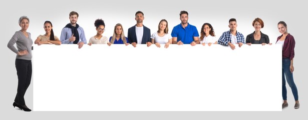 People holding blank sign isolated - 513812354