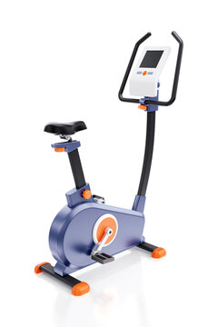 A Gym Bike. A cycle machine or an exercise bike with a tablet display for gym or home trainings on reflective white background. 3D rendering graphics in perspective projection.