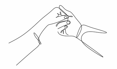 a linear drawing of one line a man's hand in a woman's hand is a symbol of partnership and connection. A sign of love with a hand gesture highlighted on a white background. Vector minimalistic design