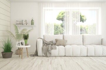 White living room with sofa and summer landscape in window. Scandinavian interior design. 3D illustration