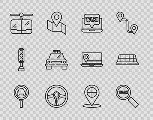 Set line Magnifying glass and taxi car, Laptop call service, Steering wheel, Cable, Taxi, Map pointer with and roof icon. Vector