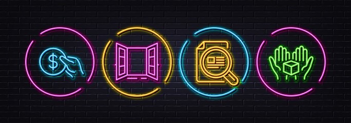 Check article, Open door and Payment minimal line icons. Neon laser 3d lights. Hold box icons. For web, application, printing. Magnifying glass, Entrance, Usd coin. Delivery parcel. Vector