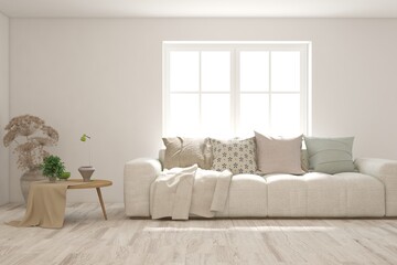 White living room with sofa. Scandinavian interior design. 3D illustration