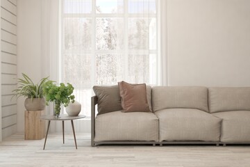White living room with sofa and winter landscape in window. Scandinavian interior design. 3D illustration